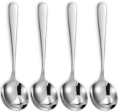 QZKJQDD Soup Spoon 4 Pieces Set, Stainless Steel Round Stainless Steel Bouillon Spoons, for Celebrations, Family Dinners, Hotel, Restaurants, Cereal Spoons & Sugar Spoons & Table Spoons (Style 3)