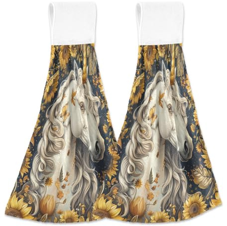 tplaotee Vintage Unicorns Sunflowers Bathroom Hand Towel with Loop Set of 2 Childrens washcloths White dishcloths