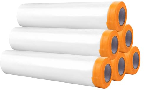 WOPPLXY 6 Rollen Abdeckfolie mit Klebeband, 180cm x 15m Malerfolie, Transparent PE-Folie mit Gelb Papier Maler Abdeckfolie zum Staubschutz, Lackieren von Autowänden