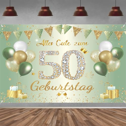 50. Geburtstag Banner Frauen Männer Deko Salbeigrüne 50 Geburtstag Hintergrund Banner, Extra Große Stoff Schild Poster für 50 Geburtstag Party Deko, 210x150 cm
