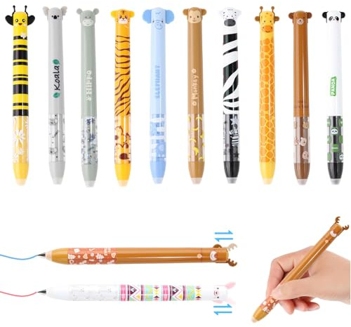 Prmape 12 Gelstifte Radierbar Set, Radierbarer Gelschreiber 0,7 mm, Tier Stifte Kugelschreiber, Radierstift Rot Blau Kawaii Schreibwaren für Schule Büro Geschenk