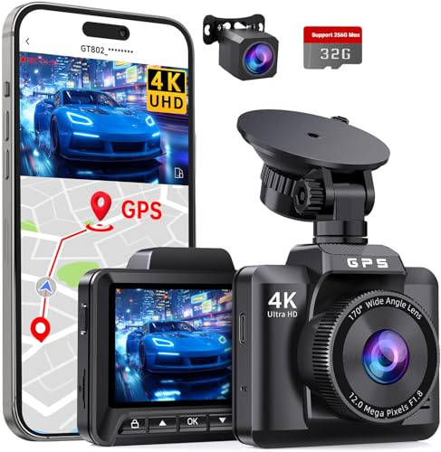 Dashcam Auto Vorne Hinten 4K+1080P, Dash Cam Auto mit GPS WiFi, Parküberwachung, Dual Autokamera mit 32GB Karte, 170° Weitwinkel, Super Nachtsicht, G-Sensor, Loop-Aufnahme, APP Steuerung, Max 256GB