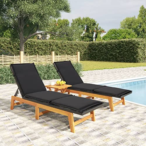 Frdhee Gartenstuhl Hochlehner Kippliege,Sonnenliegen mit Auflagen 2 STK. Poly Rattan Massivholz Akazie,Kippliege für Camping,Garten,Pool