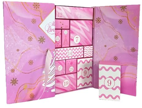 Boîte de calendrier de l'Avent de Noël - Rose - 24 compartiments - Réutilisable - Pour bonbons, bijoux, chocolat, enfants, adultes, amis