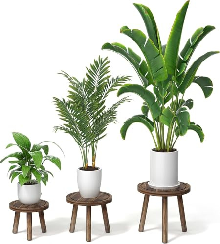 3-Pack Wood Plant Stands Indoor, Single Plant Stand for 6-12 Inch Pots, Mid-Century Modern Plant Stool, Tall Plant Stand for Large Plants Perfect Fit for Living Room (Heavy burnt color, 3 Pack)