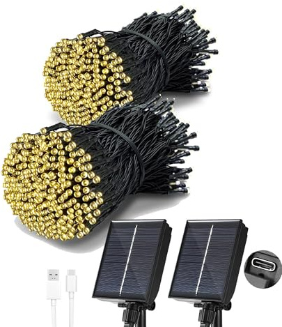 Tacobey Solar Lichterkette Außen Warmweiß - USB Aufladen, 2 Stück 20M 200 LED Lichterkette Aussen, Wetterfest, 8 Modi, Solarlichterkette für Outdoor Terrasse Garten Balkon Deko