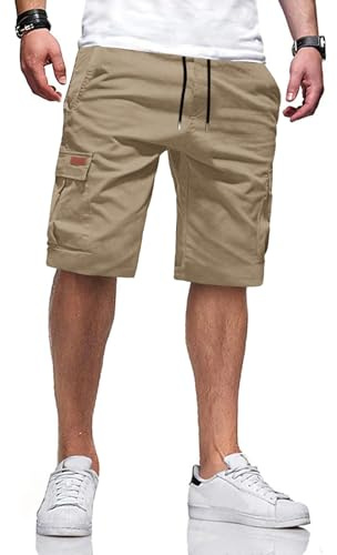 TARAINYA Pantaloncini Uomo in Cotone Ideali per Corsa Turismo Pendolarismo Elasticizzato con Cordino e Tasche Cachi M