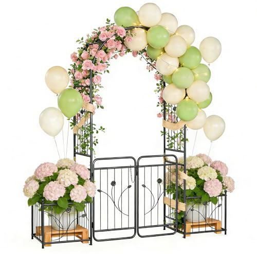 XMTECH Gartenbogen mit Tür 196x50x220 cm – Breiter Metall Rosenbogen mit Rankgerüst & 2 Seitengittern, Torbogen, Wetterfest, Schwarz, Tor, für Garten, Hochzeit, Terrasse
