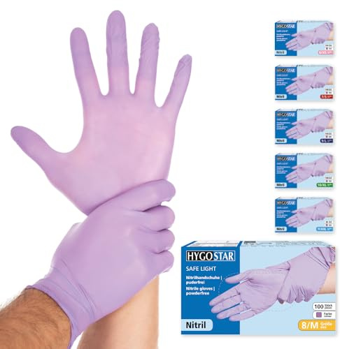 FRANZ MENSCH Hygostar Nitrilhandschuhe Safe Light | puderfrei, lila, 8/M, 24cm, 100 Stück, Einweghandschuhe, Einmalhandschuhe, in Gr. XS, S, M, L, XL & XXL verfügbar