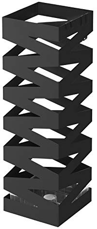 SONGMICS Metal Umbrella Stand, Square Umbrella Holder Rack, with Hooks and Drip Tray, 15.5 x 15.5 x 49 cm, Black LUC16B