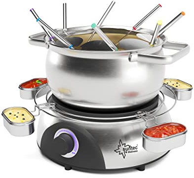 SUNTEC Fondue eléctrica para 8 personas – Tenedores + antisalpicaduras + soporte para salsas – Alternativa a la raclette – Olla para queso + chocolate + grasa – Fondue de acero inoxidable FON-8014 V2A
