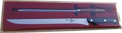 JJ Cuchillería Sonpó Online - Modelo EJCC - Estuche jamonero más chaira para corte de jamón - Mangos de fibra phenolkraff y madera, estuche de madera.