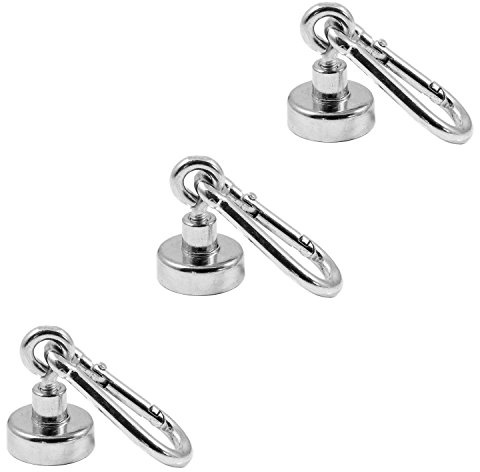 Magnetastico® | 3 Stück Neodym N35 Ösenmagnete mit Karabiner 20 mm Ø | Haltekraft 9 Kilogramm | Starke Neodym Karabinerhaken-Topfmagnete mit Öse bzw. Ringschraube verzinkt