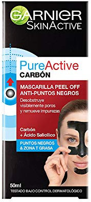 GARNIER Skin Active PureActive - Mascarilla Negra Peel Off con Carbón y Ácido Salicílico Anti Puntos Negros, Espinillas y Poros de la Nariz, 50 ml