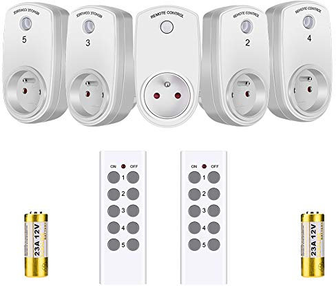 Lot de 5 Prises Télécommandées Intelligentes avec 2 Télécommandes Plug and Play Prise Européenne sans Fil Pile non Incluse Contrôler à Distance par Télécommande Douille d'ampoule à télécommande, Blanc
