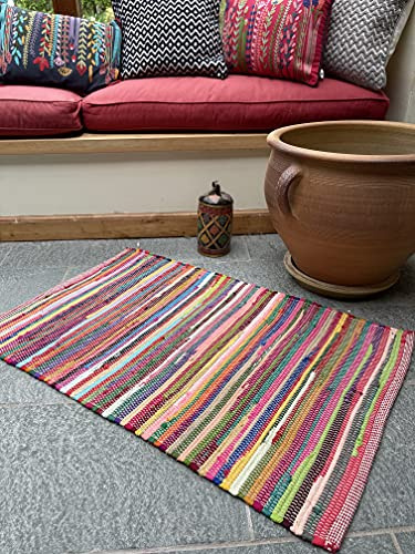 Second Nature Online Tapis en tissus recyclés tissés à plat à la main Tapis fabriqué de manière éthique en Inde Disponible en petite, moyenne et grande taille, Coton mélangé, multicolore, 60 x 90 cm