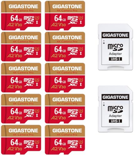 GIGASTONE 64GB Micro SD Karte 10er-Pack + SD-Adapter, 4K Kamera Pro, kompatibel mit GoPro Drohne Switch, bis zu 95/35 MB/s, 4K UHD Videoaufnahmen, MicroSDXC Speicherkarte UHS-I A2 Klasse 10 U3 V30