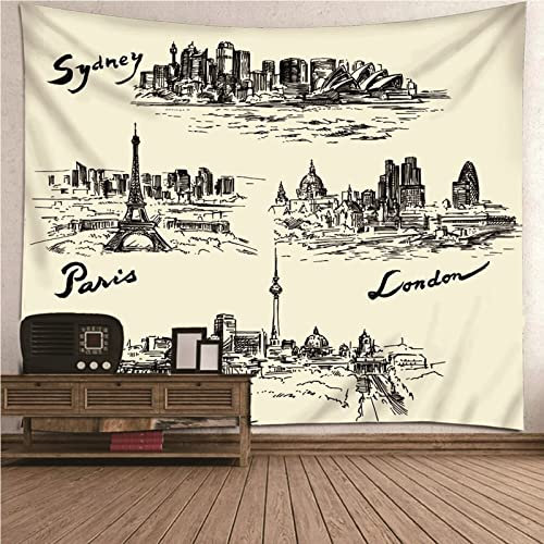 Aotiwe Indie Wandteppich, Makramee Wanddekoration Wahrzeichen Der Stadt aus Polyester Schwarz Gelb 240X220Cm