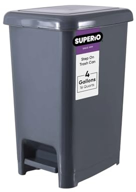 Superio Slim Trash Can with Foot Pedal – 4 Gallon Plastic Step-On Waste bin with Lid, Small Garbage Can for Bathroom, Kitchen, Office, Bedroom, Dorm Room – Onyx Gre