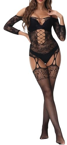 XIUSEMY Women Sexy Bodysuit Fishnet Bodystocking One Piece Badydoll Nightwear (One Size,JC Black)