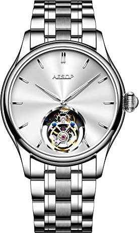Aesop Tourbillon Watches Men Mechanical Hand Wind Wristwatches Luxury Skeleton Stainless Steel Sapphire Crystal Waterproof Dress Business Watch for Mens Gift 7040(White/Stainless Strap)