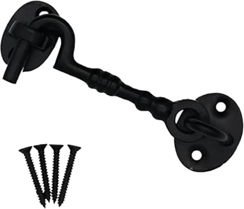 4 Inch Black Cabin Hook & Eye Latch – Traditional Cast Iron Garden Gate Catch, Shed Door Latch with Screws, Outdoor Silent Catch for Doors and Gates