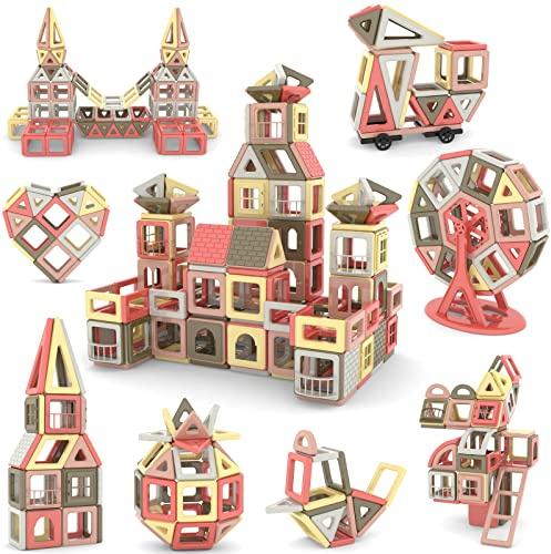 AOMIKS 173 Stück Magnetfliesen 3D Mini Magnetische Bausteine für Kinder Inspirierendes Lernen und Kreativität STEM Bauspielzeug für Mädchen Jungen 3+ Jahre Morandi Farbe
