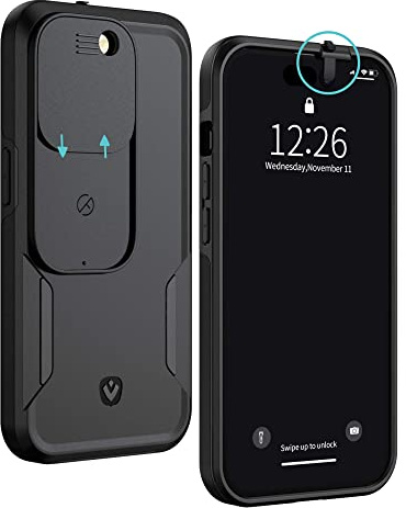 Spy-Fy iPhone 14 Pro Hülle mit Schiebekamera-Abdeckung Vorne und Hinten | Schütze Deine Privatsphäre | 2 Meter Fallschutz | Matt Schwarz | iPhone 14 Pro Kamera Abdeckung | Valenta