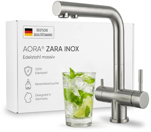 AORA® | ZARA INOX 3 Wege Wasserhahn aus Edelstahl | 360° drehbare Küchenarmatur aus massiven 304 Edelstahl | Spültischarmatur für Wasserfilter, Osmoseanlagen | Wasserfilter Wasserhahn
