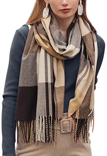 Femme Écharpe Tissée Imitation Cachemire Classique Grand Carreaux Longue Étole avec Franges Élégante Écharpe Chaud Doux Confort pour Automne Hiver 65x185cm - Marron Kaki