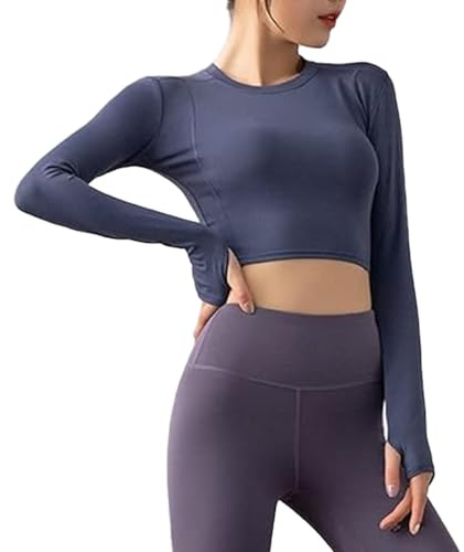 FFWTPY Maglia Sportiva da Donna Manica Lunga Maglietta Allenamento Corto Yoga Top Senza Cuciture Camicie da Corsa per Ragazze Palestra Fitness