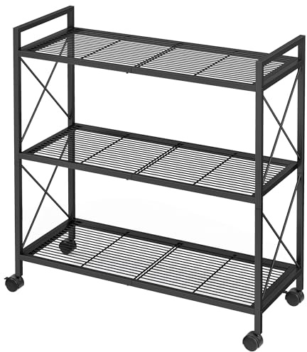 SONGMICS 3-Tier Metal Storage Rack with Wheels, Mesh Shelving Unit with X Side Frames, 31.5-Inch Width, for Entryway, Kitchen, Living Room, Bathroom, Industrial Style, Black UBSC183B01