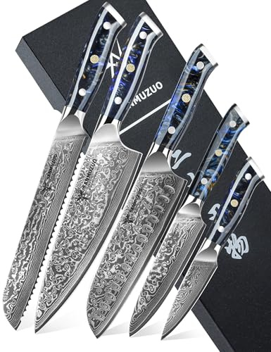 SANMUZUO Ensemble de couteaux de chef - Set de couteaux de cuisine de 5 pièces - Acier de Damas VG10 ultra-tranchant et manche en résine - Série Xuan(Noir étoilé)