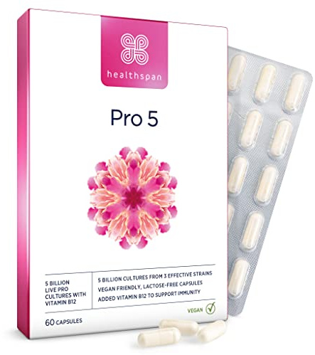 Healthspan Probiotic 5 | Multi-Strain Probiotikum, 5 Milliarden lebenden Kulturen aus 3 Bakterienstämmen | Vitamin B12 für maximale Immununterstützung | Vegan & Laktosefrei | 60 Kapseln