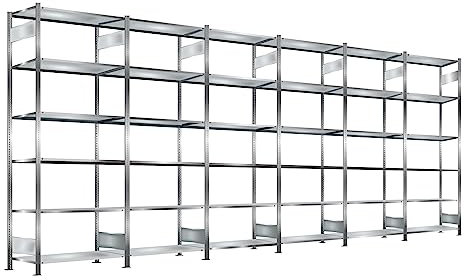 Steckregal, verzinkt, Breite 6 m, Höhe 2,5 m, Tiefe 0,6 m, 6 Böden, Fachlast 330 kg, beidseitig