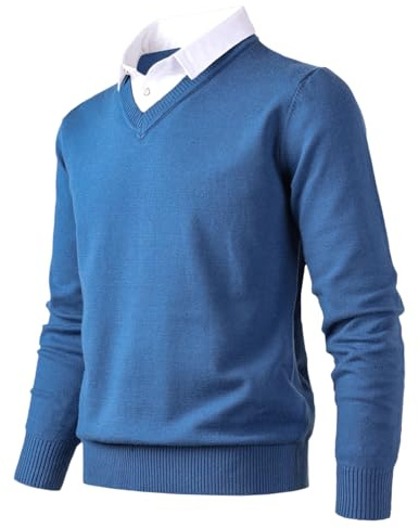 Herothorn Stickad tröja för män mode pullover mjuk touch v-ringad tröja topp med falsk skjorta krage, BLÅ, XXL