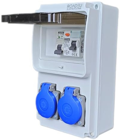 RoadEu - Stromverteiler 230V - 2x Schuko Steckdose - Baustromverteiler mit Fi Schutzschalter und Leistungsschalter C 16A - Verdrahtet, Steckdosenverteiler Indoor/Outdoor-Bereich IP44