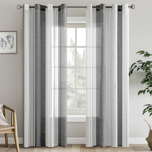 EMEMA Gardinen mit Ösen Grau-Weiss Streifen Voile Vorhänge Halbtransparent Wohnzimmer 140x215cm Dekorieren 2er Set Stores Schals mit Ösenschal Vorhang Moderner Schlafzimmer