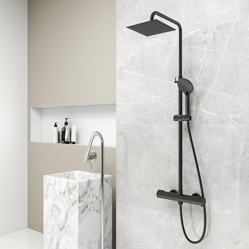 Ducha Casa Columna de Ducha Termostática Negro Mate Redondo Termostato Rociador de Mano 735-1170mm de Ducha Lluvia para Baño
