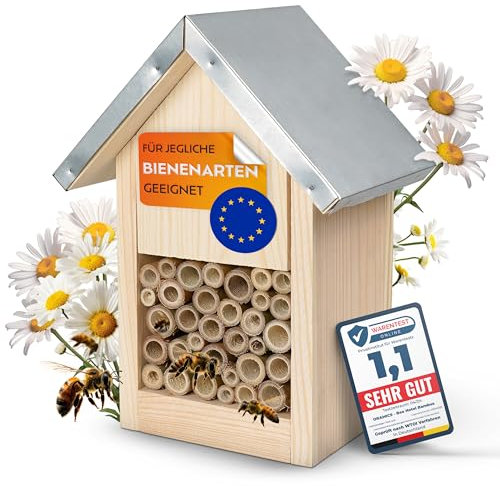 Oramics Bienenhotel mit Bambusröhrchen für Insekten, Bienen, Hummeln und Wildbienen – Insektenhotel mit Metalldach – Wildbienenhotel als Nisthilfe für Wildbienen inklusive Bambus Nisthülsen