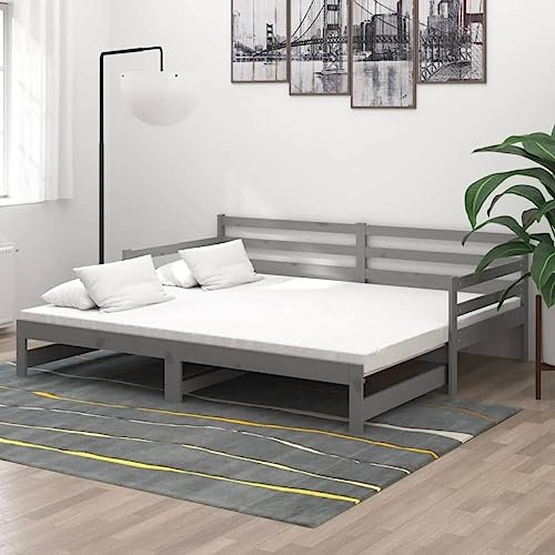 THOYTOUI Tagesbett Ausziehbar, Bett Polsterbett Tagesbett Bettsystem Geeignet für Gästezimmer Hotel Wohnung Mehrbettzimmer Grau Massivholz Kiefer 2X(90x200) cm