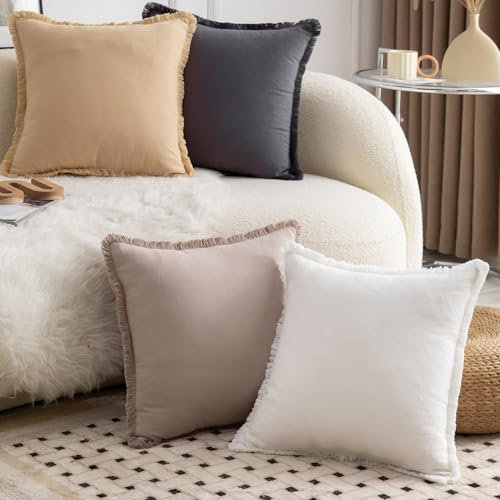 Mandioo 4er Set Neutralen Baumwolle Kissenbezug 40x40cm Herbst Quasten Dekorative Kissenbezüge Boho Sofakissen Dekokissen Kissenhülle für Couch Sofa Schlafzimmer Wohnzimmer Neutral