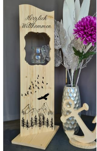 Holzaufsteller, Holz Deko Schild Holzschild Eingangsschild Berge und Wald mit Windlicht aus Glas, Geschenk, Weihnachten, Geburtstag