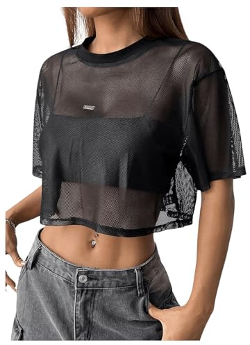 GORGLITTER Women's Sheer Mesh Metal Decor Short Sleeve T Shirts Crewneck Loose Sexy Cropped Tops Black Large