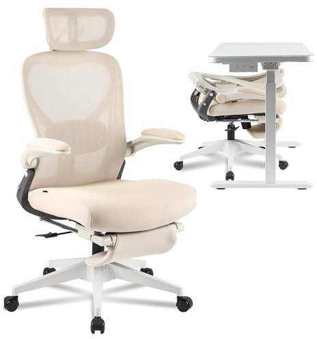 FLEXISPOT Foldex Ergonomic Office Chair, Folding Chair for Small Spaces with Lumbar Support, Flip-up Armrests, 3D Headrest, Desk Chairs with Footrest for Work,Video Game (Foam Seat, Cream)