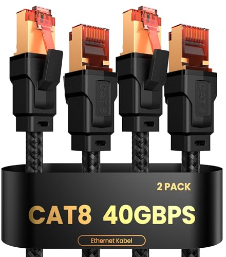 Lan Kabel CAT8, Netzwerkkabel 1M 2M 3M 5M 10M 15M 20M, RJ45 Ethernet Kabel | 40Gbps 2000Mhz Hochgeschwindigkeit, Gigabit Nylon Geflochten Patch Kabel für Router,Modenm,PC,PS4/5,Server,Games(2Stück 1M)
