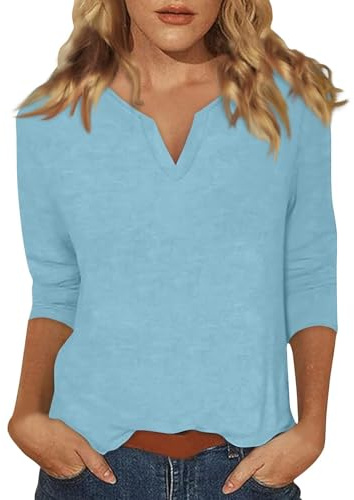 Chanpning T Shirt Manche 3/4 Femme Coton Col Rond Tunique Blouse Couleur Unie Tee Sport D'été Haut 2024 Mode Basiques T-Shirt Décontractée Coupe Ajustée Chemises