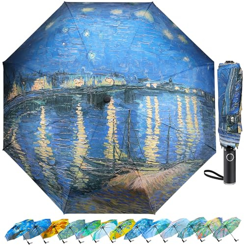 Ucrinei Van Gogh Folding Umbrella, Travel Umbrella with Starry Night Design, Auto Open & Close - Portable Compact Umbrella - Lightweight & Packable for Women & Men (Starry Night Over the Rhone)