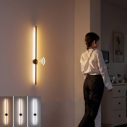 AoLa Lampada da Parete Lunga con rilevatore di Movimento per Interni, Luce a Parete Ricaricabile Senza Fili Dimmerabile con Interruttore a sfioramento Applique con Magnete, (Nero)