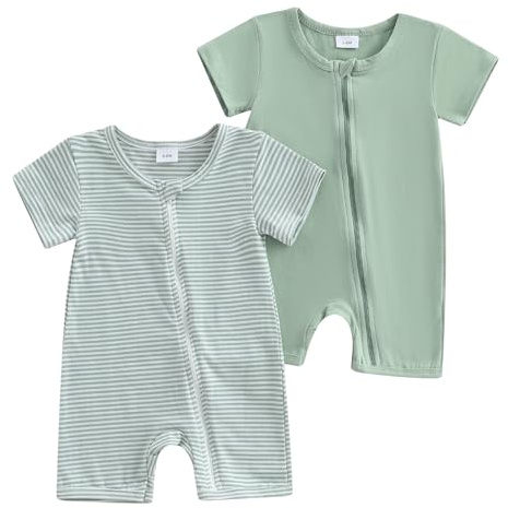 XIXIMAON Unisex Baby Romper 2 Pack Boy Girl Summer Clothes One Piece Outfit | Striped Print or Solid Color Short Sleeve Zip Up Jumpsuit Neutral Baby Clothes Newborn Bodysuits Boys Girls Overalls Playsuit